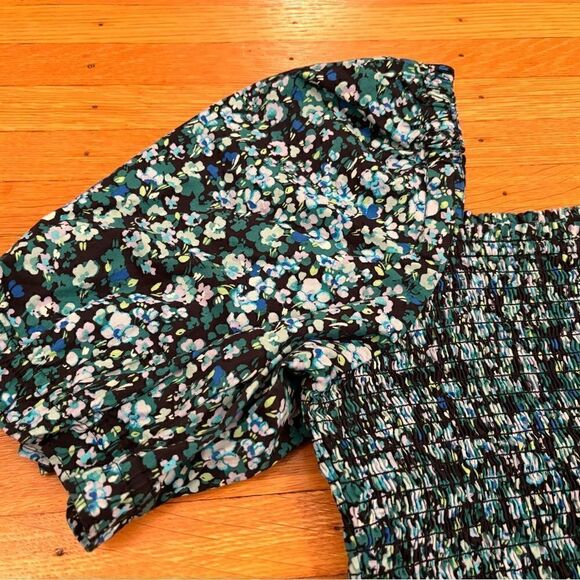 J. Crew blue:green black floral smocked peplum short sleeve top - Picture 3 of 4